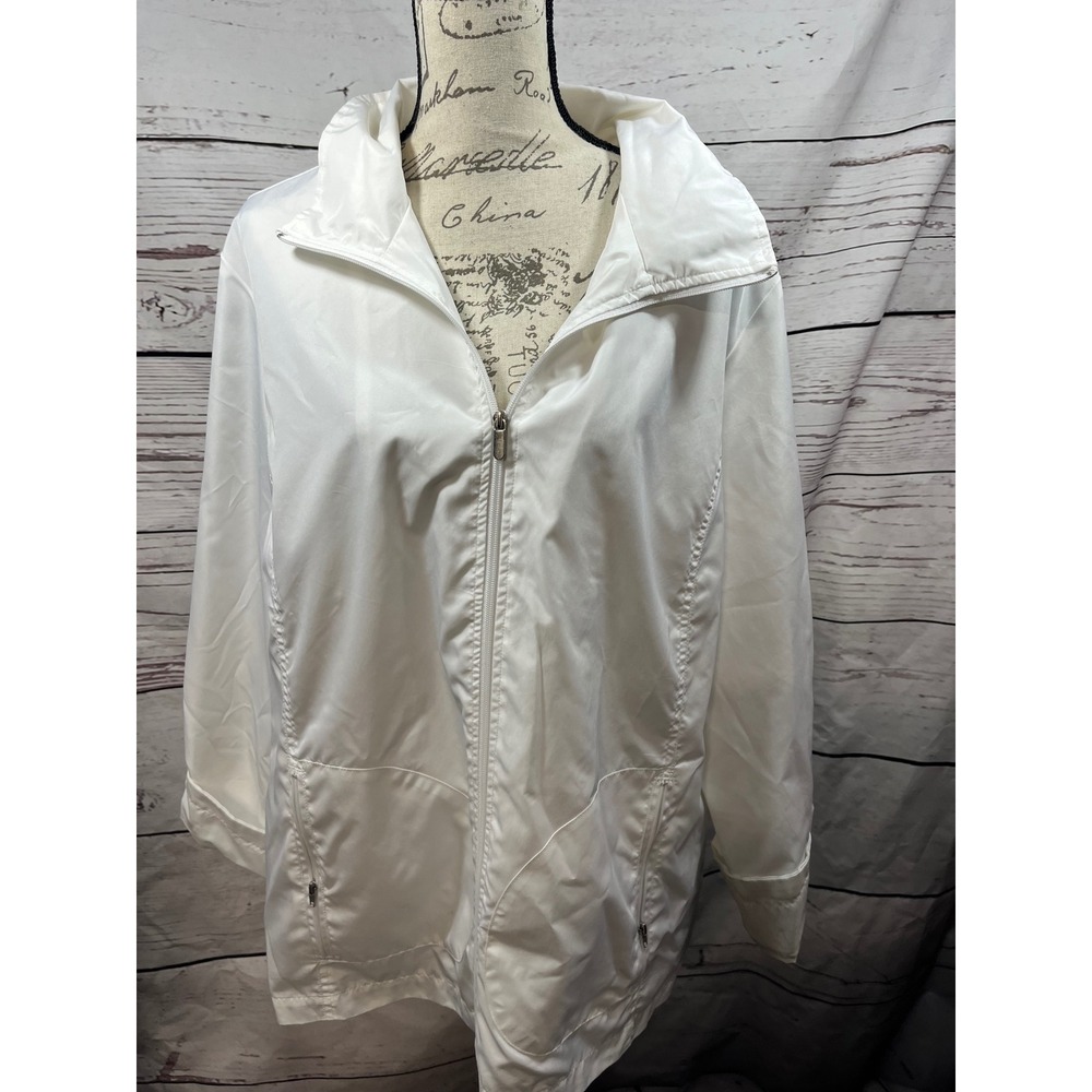 Karen Scott Sport‎ Womens XL White Hooded Full Zip Windbreaker Jacket Pocketed
